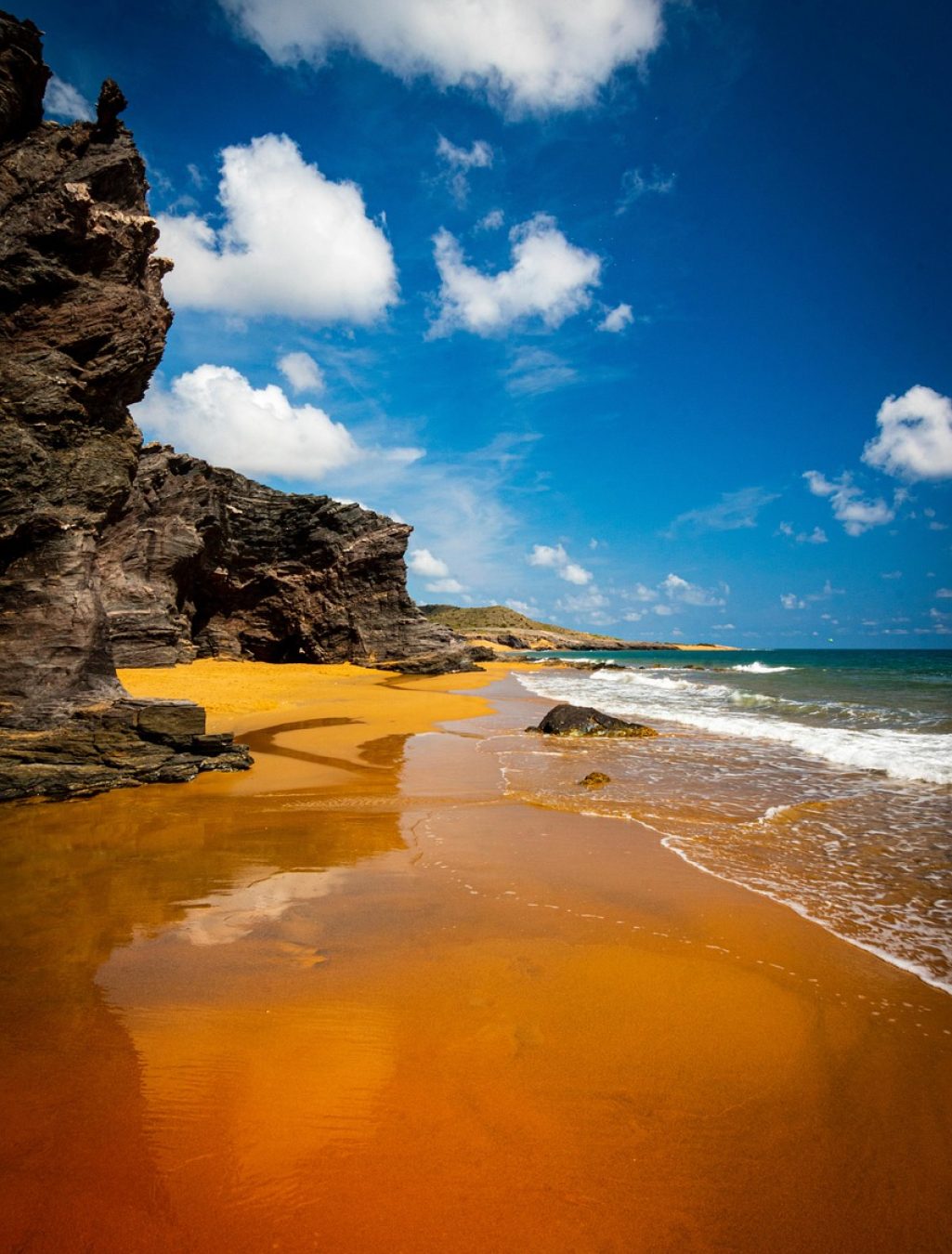 beach, sand, ocean, sea, waves, rocks, sky, water, reflection, clouds, landscape, nature, natural park, summer, spain, cartagena, colorful
