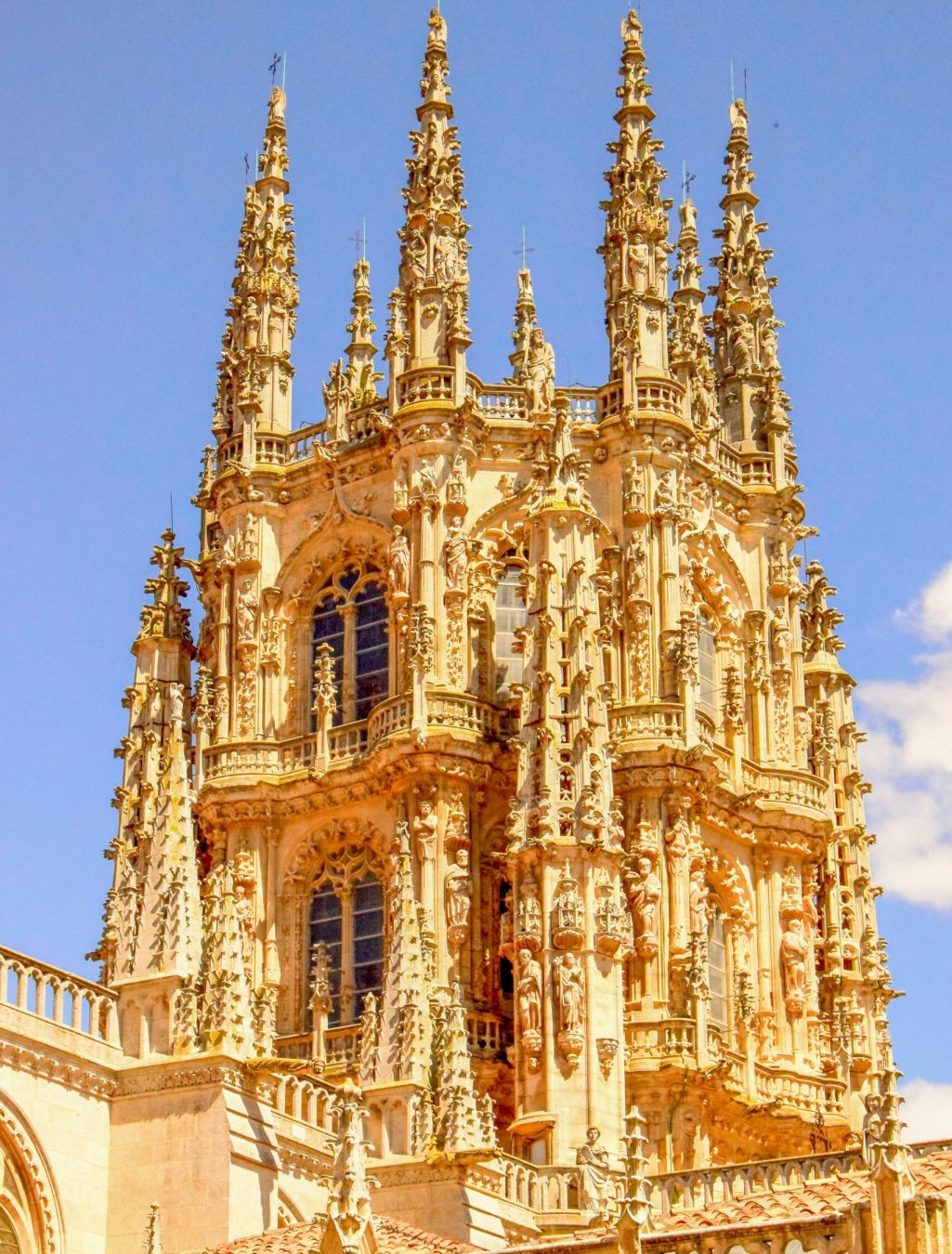 A stunning view of the intricate Gothic spires of Burgos Cathedral in Burgos, Spain.